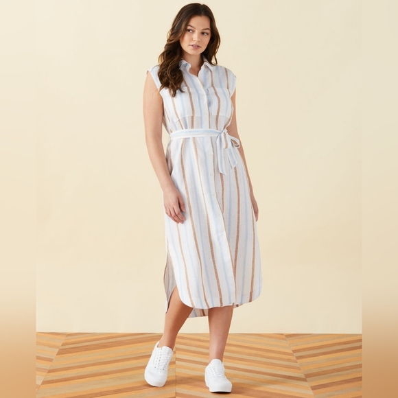 Rafaella Dresses & Skirts - Rafaella White Stripe 100% Linen Belted Sleeveless Shirt Dress Midi Plus Size 2X
